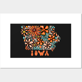 Iowa State Design | Artist Designed Illustration Featuring Iowa State Outline Filled With Retro Flowers with Retro Hand-Lettering Posters and Art